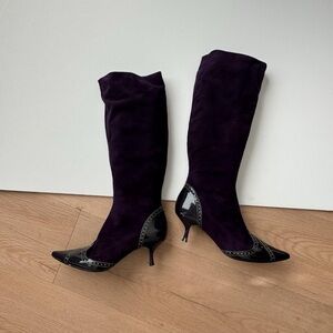 Nine West Y2K Suede Leather Boots 8 Knee High Pointed Toe Purple Kitten Heel